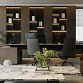 Modern Office Interior With Bookshelves Trophies Desk Chairs Sofa Marble Coffee Table And Green Plants
