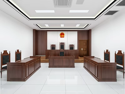 Bright Courtroom Interior Design Featuring Judge Bench Wooden Furniture And National Emblem 3d model