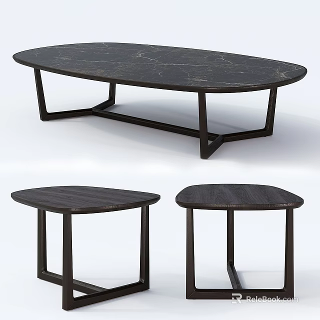 Modern Oval And Round Dining Tables With Dark Marble Tops And Black Metal Frames 3d model 