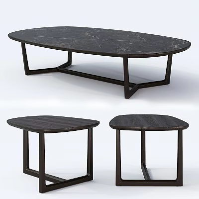 Modern Oval And Round Dining Tables With Dark Marble Tops And Black Metal Frames 3d model
