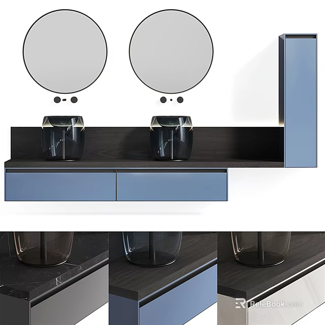 Modern Bathroom Vanity With Double Sinks Round Mirrors And Blue Cabinets 3d model
