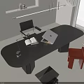 Modern Black Desk with Open Book Laptop Chair Red Stool and White Window Blinds