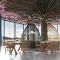 Modern Restaurant Interior With Geometric Ceiling Pink Cherry Blossoms Chandeliers And Wooden Tables Chairs