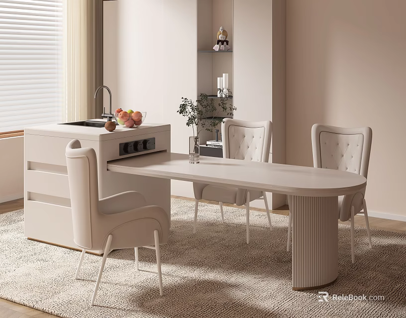 Elegant Modern Dining Table Set with Oval Top Upholstered Chairs and Light Wood Legs 3d model 
