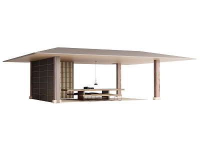 Traditional Wooden Landscape Pavilion With Extended Roof And Table Benches Design 3d model