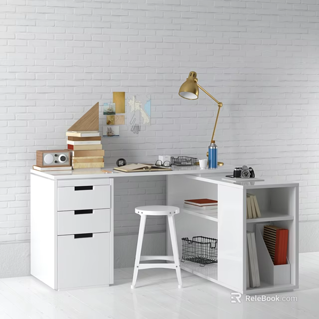 White Modern Desk With Golden Lamp Books Radio Camera Drawers Stool And Wall Decor 3d model 