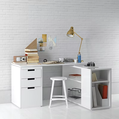 White Modern Desk With Golden Lamp Books Radio Camera Drawers Stool And Wall Decor 3d model