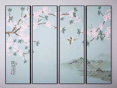 Four Panel Traditional Chinese Landscape Painting With Peach Blossoms Flying Bird Mountain Scenery And Calligraphy 3d model