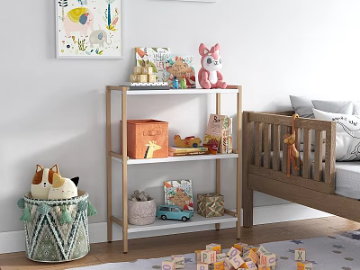 Decorative Shelf in Kids Room with Toys Books Stuffed Animals Near Crib and Blocks 3d model
