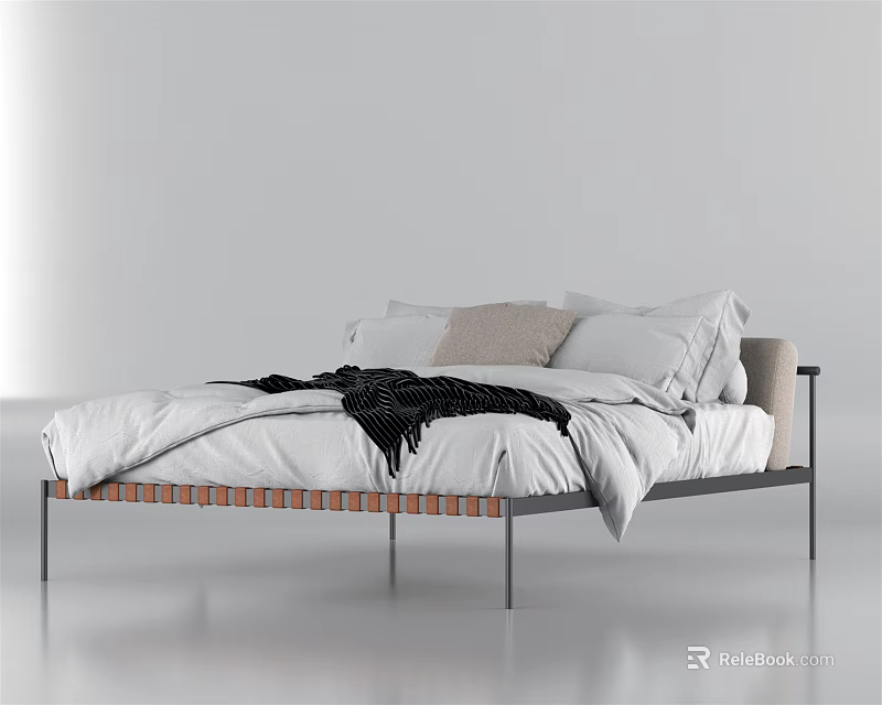 Modern Double Bed With Metal Frame White Sheets Beige Pillow And Black Throw 3d model