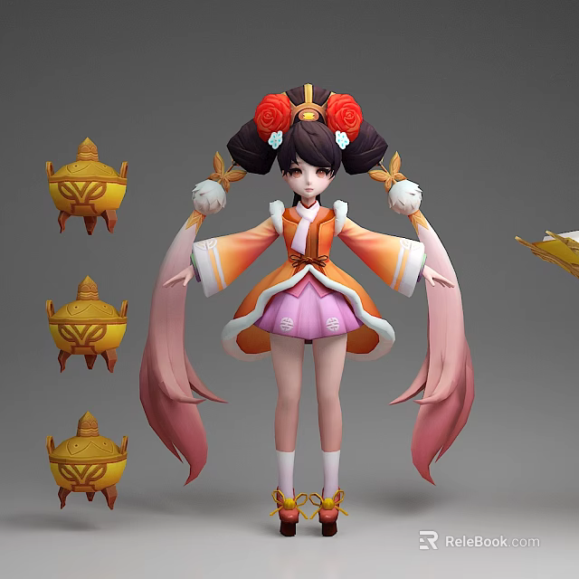 Anime Style Game Character With Twin Buns Red Flower Ornaments Pink Ribbons And Golden Objects 3d model