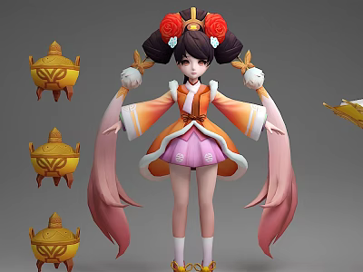 Anime Style Game Character With Twin Buns Red Flower Ornaments Pink Ribbons And Golden Objects 3d model