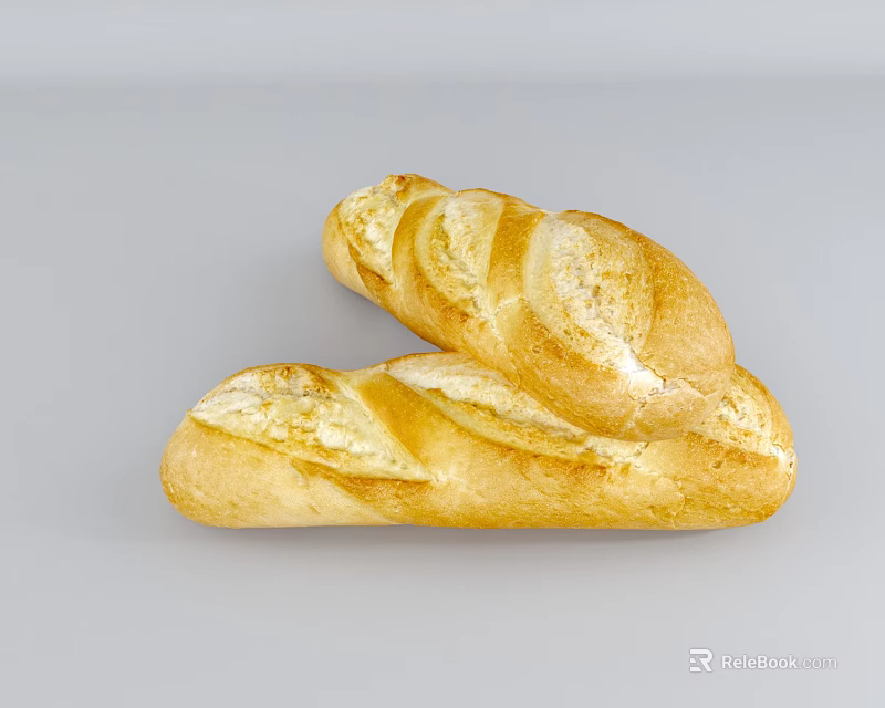 Two Delicious Freshly Baked Golden Baguettes With Crispy Texture On Light Gray Background 3d model 