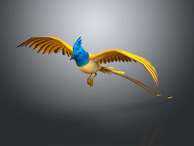 Vibrant Flying Bird With Blue Head Yellow Wings And Long Tail In Flight 3d model