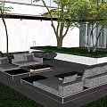 Modern Courtyard Garden with Gray Sofas Coffee Tables Trees Greenery and White Wall Design