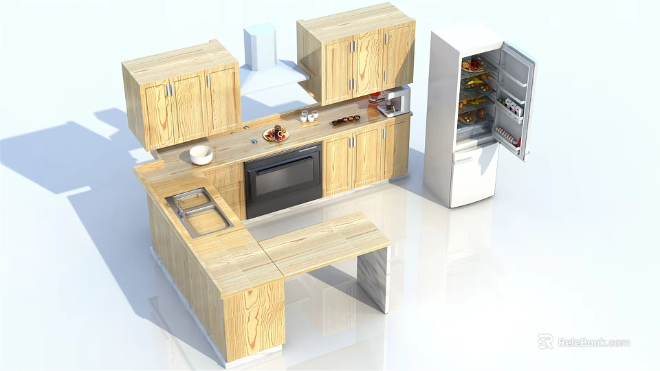 Modern Wooden Kitchen Cabinets With Countertop Sink Oven And Open Refrigerator 3d model 