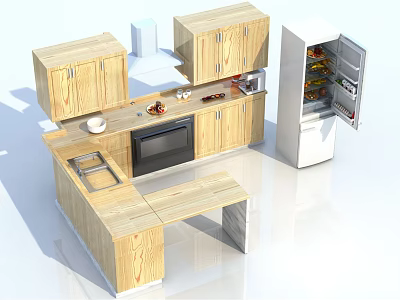 Modern Wooden Kitchen Cabinets With Countertop Sink Oven And Open Refrigerator 3d model