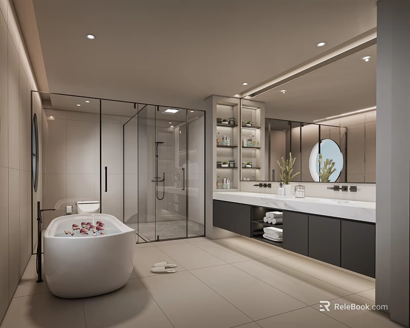 Modern Bathroom Interior Design With Freestanding Bathtub Glass Shower Double Vanity And Mirror Cabinets 3d model 