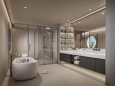 Modern Bathroom Interior Design With Freestanding Bathtub Glass Shower Double Vanity And Mirror Cabinets 3d model