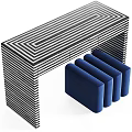 Black and White Striped Dressing Table with Modern Design and Blue Stools 3d model