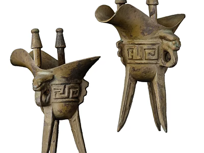 Ancient Bronze Wine Vessels With Carved Patterns And Three Legged Design 3d model