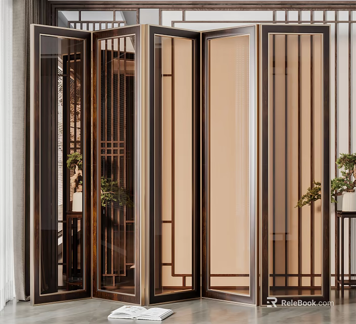 Traditional Chinese Wooden Room Divider With Lattice Design And Decorative Plants 3d model 