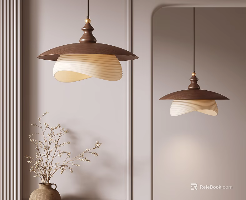 Elegant Modern Chandeliers With Natural Wood And White Shade In Interior With Mirror And Plant 3d model 