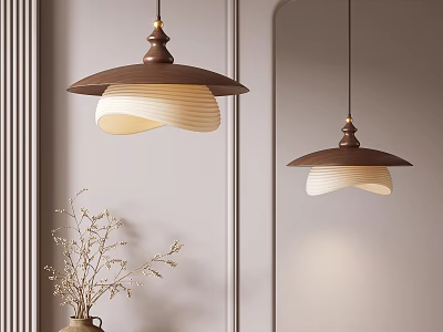 Elegant Modern Chandeliers With Natural Wood And White Shade In Interior With Mirror And Plant 3d model
