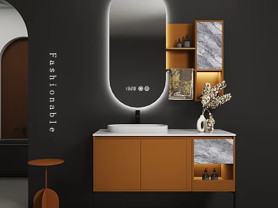 Modern Bathroom Vanity With Orange Cabinet Backlit Mirror And Marble Accents 3d model