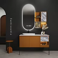 Modern Bathroom Vanity With Orange Cabinet Backlit Mirror And Marble Accents