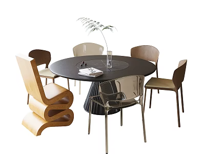 Round Black Table With Four Chairs Unique Curved Wooden Chair Glass Vase Plant Open Book 3d model