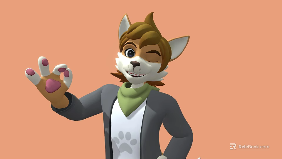 Cartoon Dog Wearing Gray Coat Green Scarf With Pink Purple Paw Print Against Orange Background 3d model 