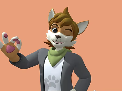 Cartoon Dog Wearing Gray Coat Green Scarf With Pink Purple Paw Print Against Orange Background 3d model