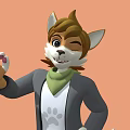 Cartoon Dog Wearing Gray Coat Green Scarf With Pink Purple Paw Print Against Orange Background