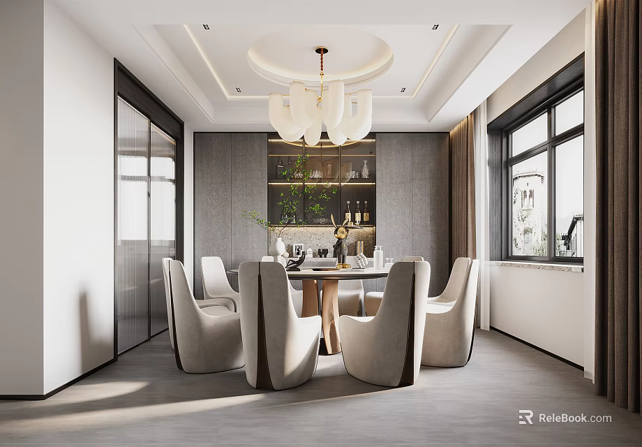 Modern Dining Room Interior Design With Chandelier Dining Table Chairs And Windows 3d model 
