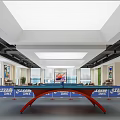 Indoor Table Tennis Fitness Area With Blue Tabletop Red Legs And DHS Logos Barriers