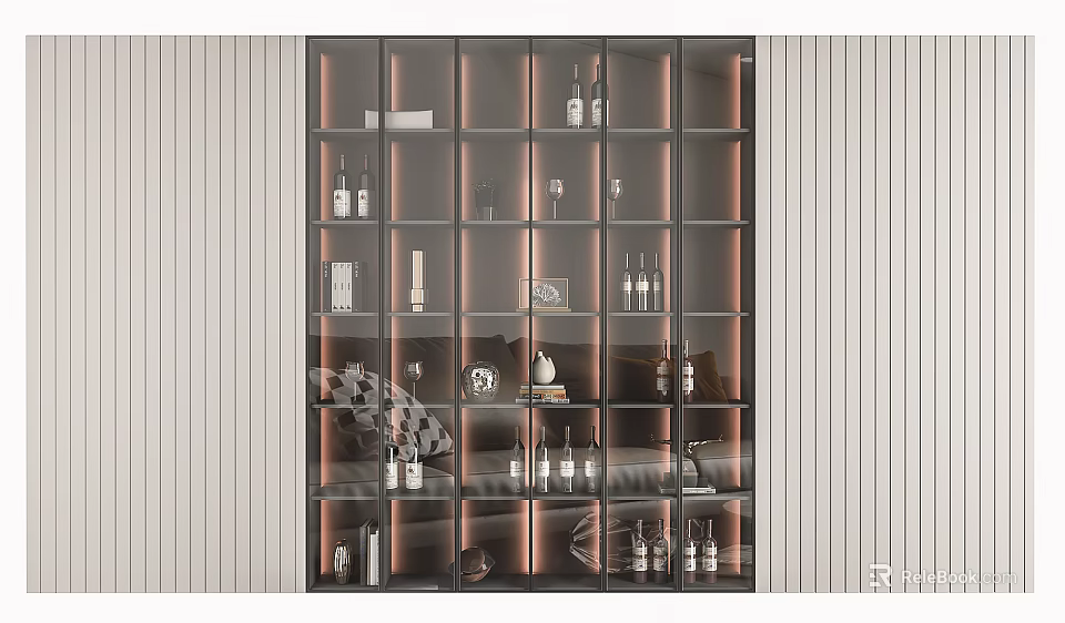 Modern Glass Door Wine Cabinet With Built in Lighting Wine Bottles And Decorative Items 3d model 