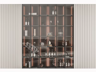 Modern Glass Door Wine Cabinet With Built in Lighting Wine Bottles And Decorative Items 3d model