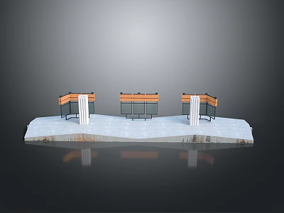 Three Modern Display Structures With White Columns And Wooden Platform Benches 3d model
