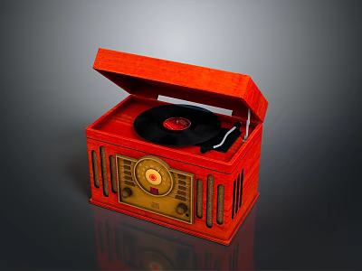 Red Record Player With Wooden Case Open Lid And Vinyl Record Golden Control Panel 3d model