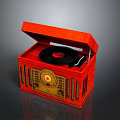 Red Record Player With Wooden Case Open Lid And Vinyl Record Golden Control Panel