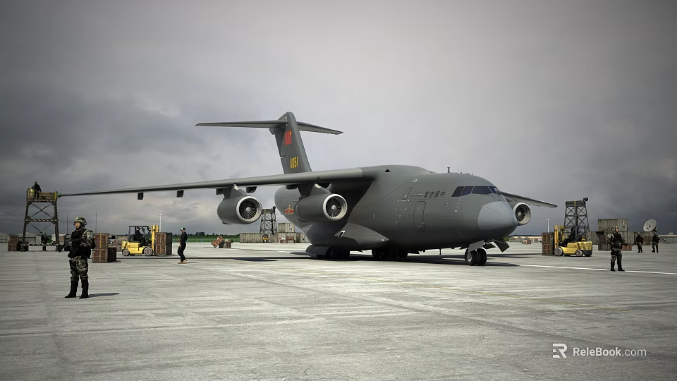 Gray Fighter Jet Parked On Airport Tarmac Under Overcast Sky With Yellow Forklift And Ground Crew 3d model 