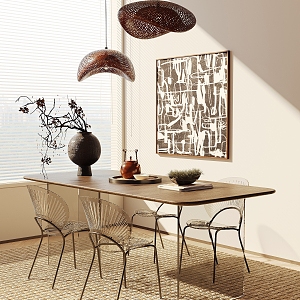 Modern Dining Table and Chair Combination Home Acrylic Dining Table Acrylic Metal Shell Dining Chair Rattan Chandelier Hanging Picture Ornaments Combination 3d model