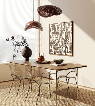 Modern Dining Table and Chair Combination Home Acrylic Dining Table Acrylic Metal Shell Dining Chair Rattan Chandelier Hanging Picture Ornaments Combination 3d model