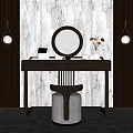 Modern Wooden Dressing Table With Round Mirror Stool Vase Small Box And Hanging Lamps