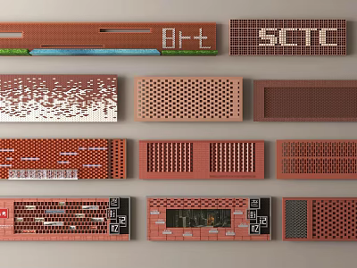 Various Brick Feature Wall Designs With Perforated Patterns And Text Elements 3d model