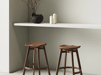 Wooden Walnut Bar Stools By White Countertop With Black Vase Branches And White Candles 3d model