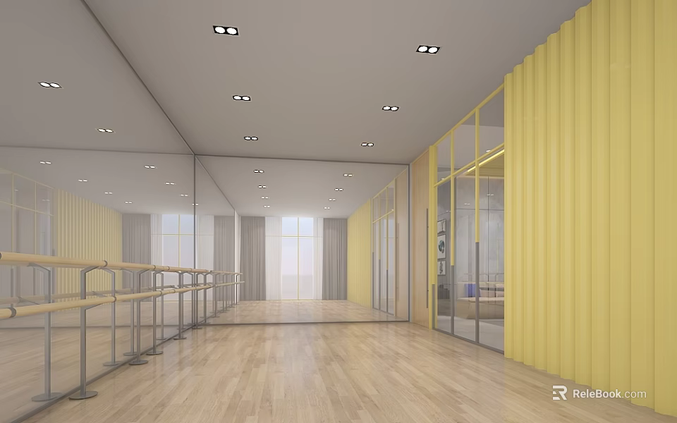 Modern Fitness Dance Studio With Wooden Floor Ballet Barre Mirrors Ceiling Lights And Yellow Walls 3d model 