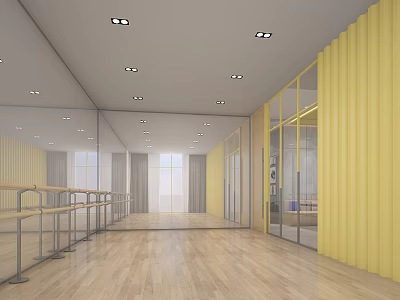 Modern Fitness Dance Studio With Wooden Floor Ballet Barre Mirrors Ceiling Lights And Yellow Walls 3d model
