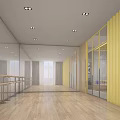 Modern Fitness Dance Studio With Wooden Floor Ballet Barre Mirrors Ceiling Lights And Yellow Walls